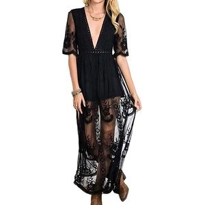 Deep vneck lace romper short sleeve long dress